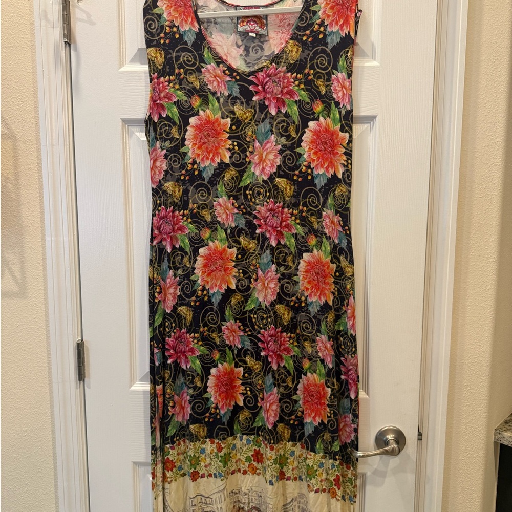Johnny Was Black Maxi Dress with Pink & Orange Floral Print and Paris Landscape
